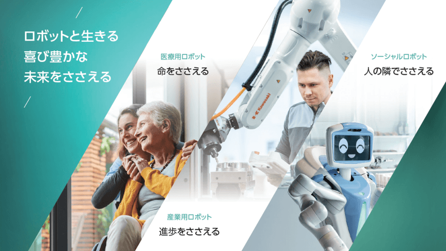 川崎重工のパーパスを表した画像
ロボットと生きる喜び豊かな未来を支えるというメッセージを画像と共に表している