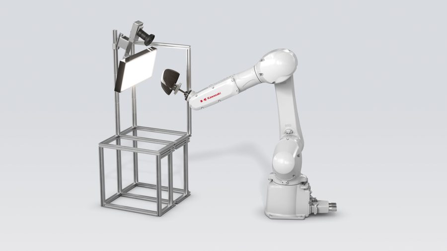外観検査ロボットのCG写真
ワークを持ってカメラに照らしている様子